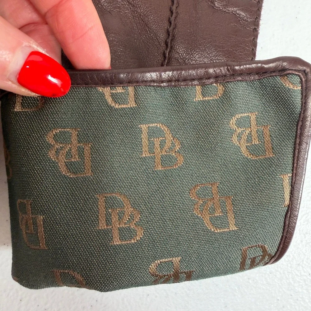 Dooney & Bourke S Leather Gloves Brown Silk Lined Fold Over Italy Monogram Cuff